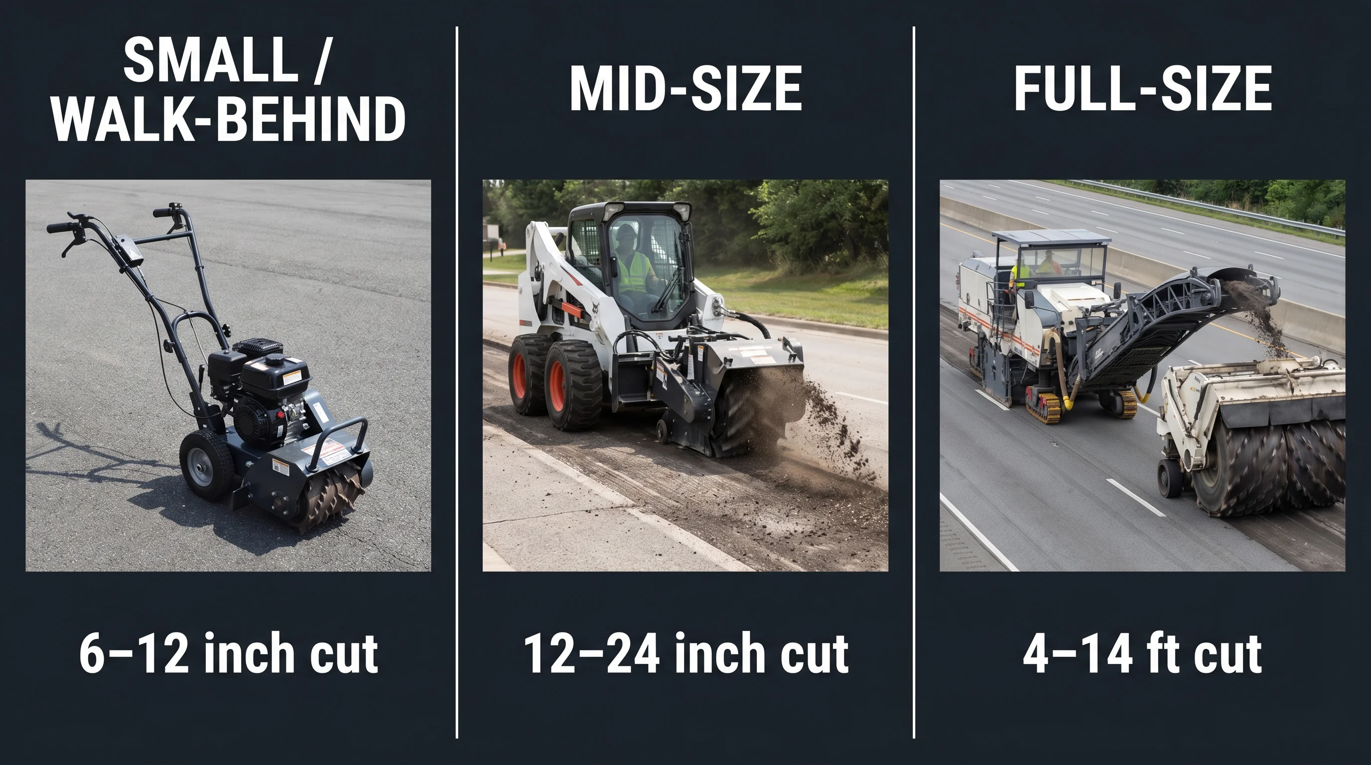 Three sizes of asphalt milling machines: small walk-behind, mid-size compact, and full-size highway cold planer
