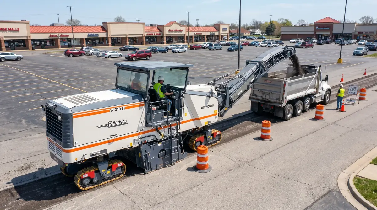 Full-lane cold planer asphalt milling machine grinding away top two inches of a commercial parking lot, conveyor loading fresh millings into a tandem dump truck, cone-lined work zone with flaggers