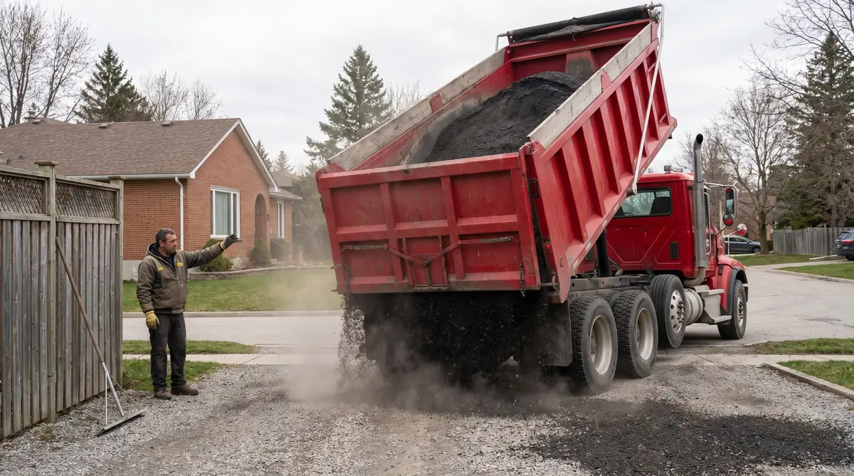 Tri-axle dump truck tilted up delivering a load of dark asphalt millings onto a residential driveway preparation area with homeowner directing placement and spreader rake leaning on truck