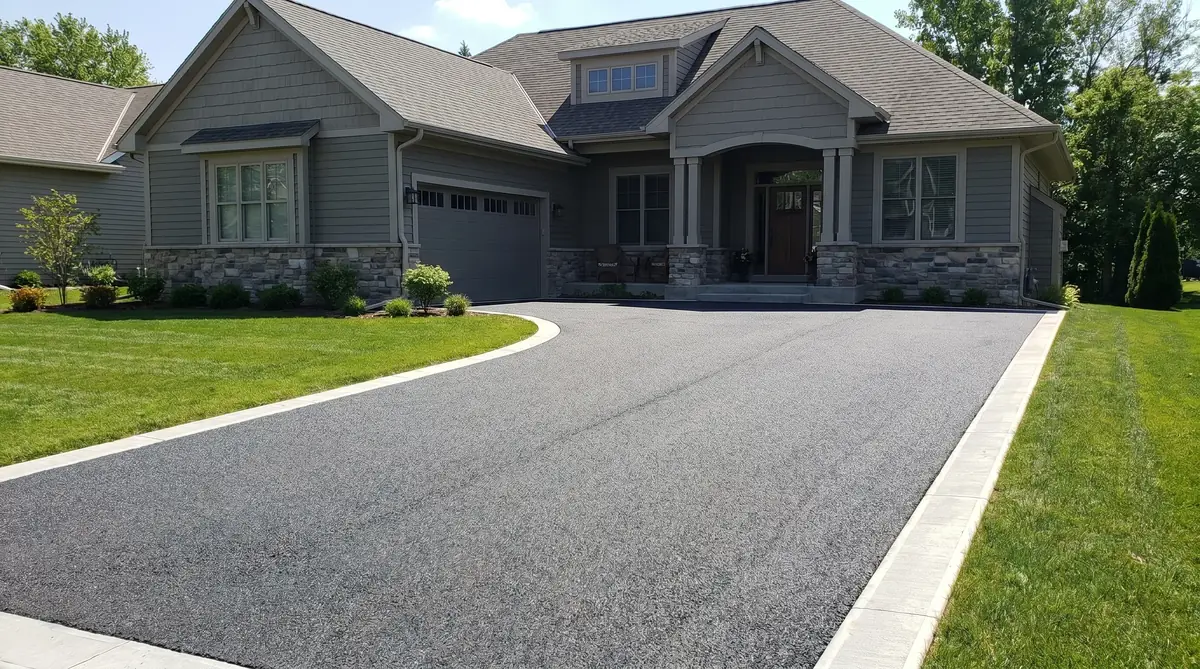 Well-compacted asphalt millings driveway leading to a suburban home