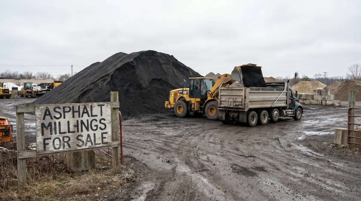 Large stockpile of dark asphalt millings at a supplier yard with front-end loader scooping recycled asphalt pavement into a tri-axle dump truck, FOR SALE sign visible in background