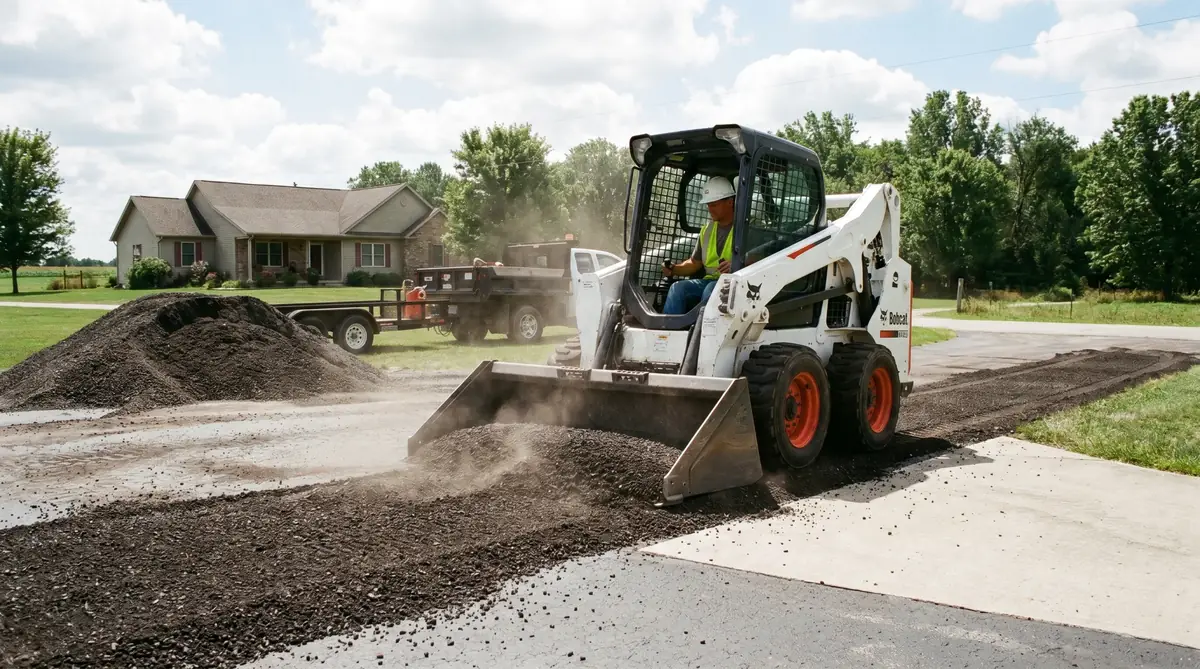 Skid steer loader spreading and grading recycled asphalt millings on a residential driveway