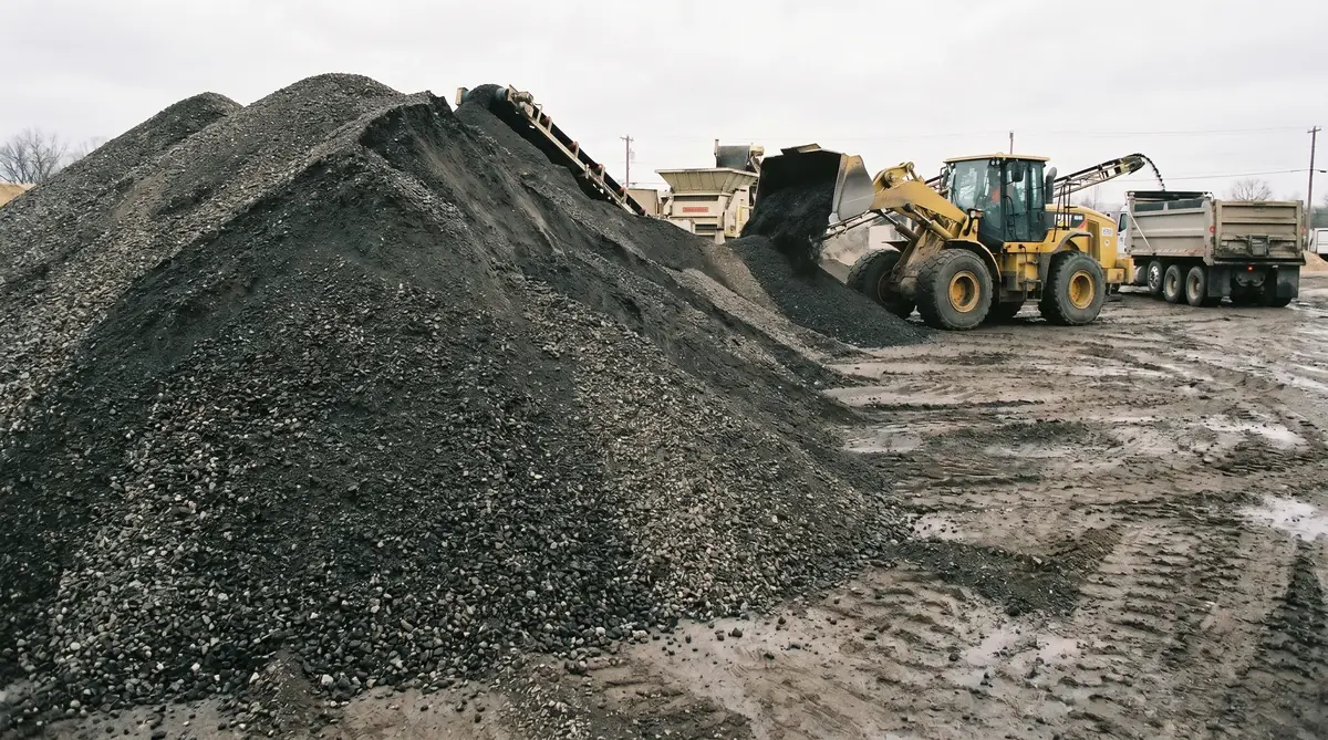 Pile of asphalt millings (reclaimed asphalt pavement / RAP) — granular dark material at a plant site