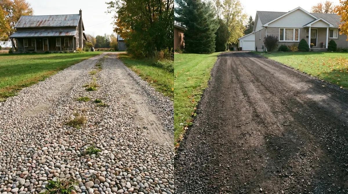 Side-by-side comparison of gravel driveway and asphalt millings driveway