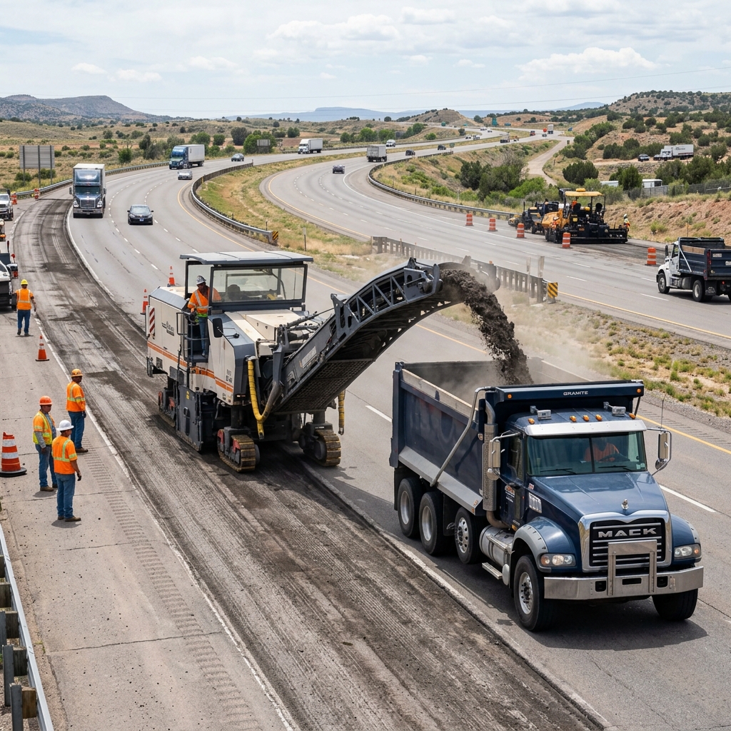 Cold milling machine grinding old asphalt pavement into recycled asphalt millings (RAP)