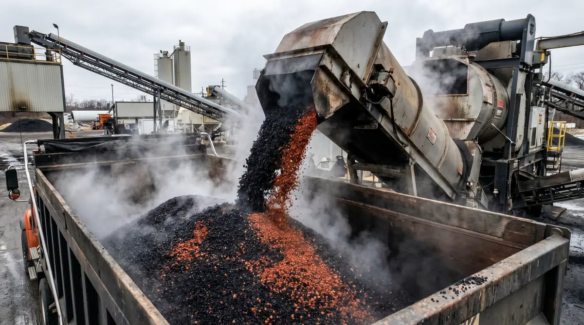 Hot mix asphalt discharged from plant into dump truck