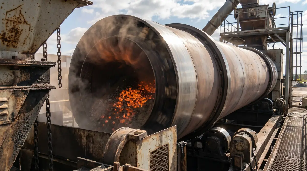 Rotating drum dryer at an asphalt mixing plant