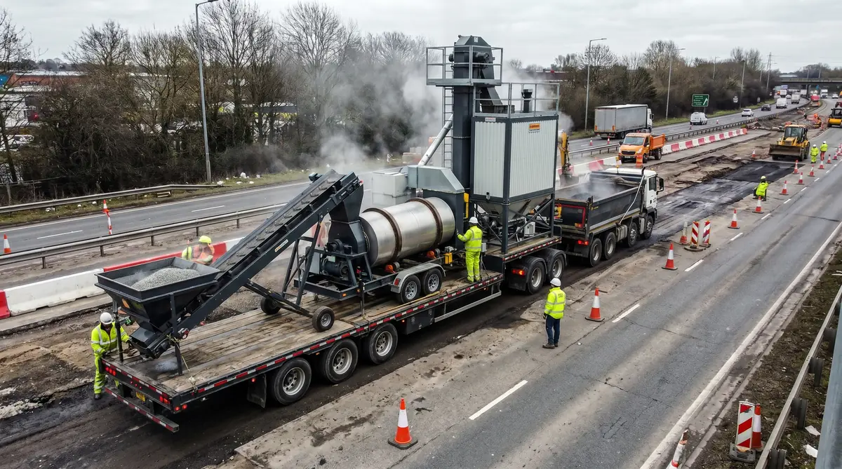 Mobile portable asphalt mixing plant at a road construction site
