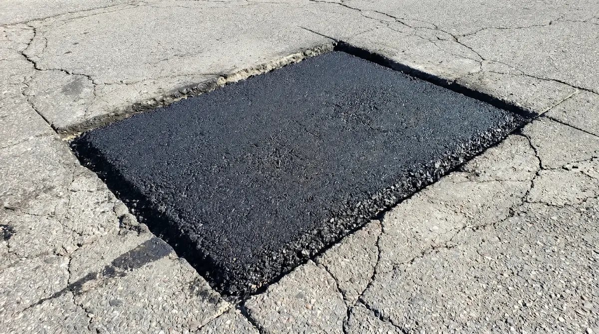 Overhead view of a completed rectangular asphalt patch with clean straight edges flush with the surrounding aged road surface