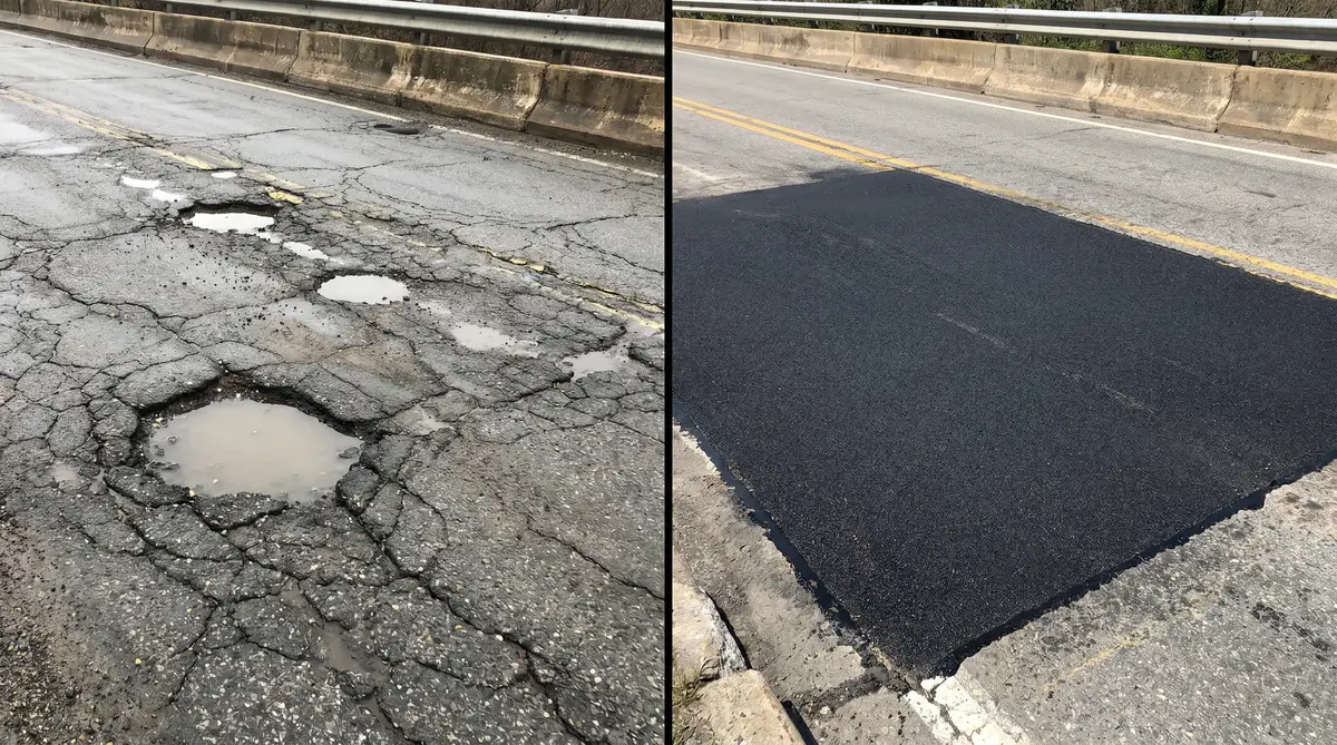 Before and after asphalt patching comparison on a driveway