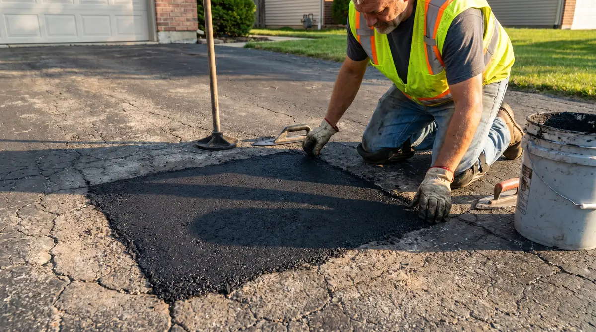 Asphalt contractor inspecting patched area on a driveway