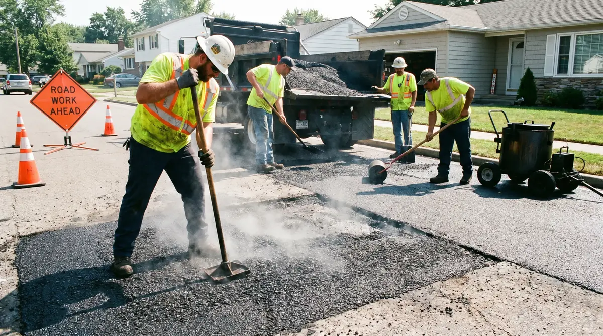 Professional crew performing asphalt patching on a driveway
