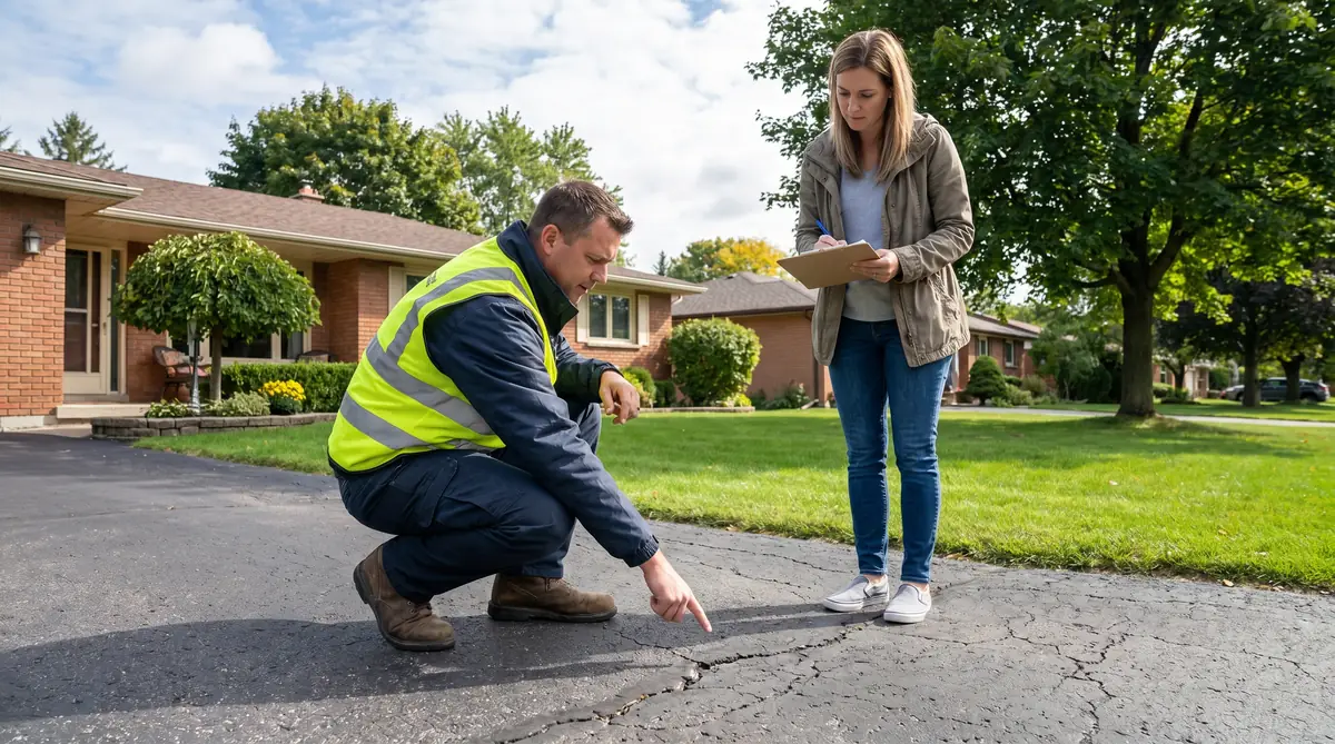 Contractor inspecting driveway and providing a quote to homeowner