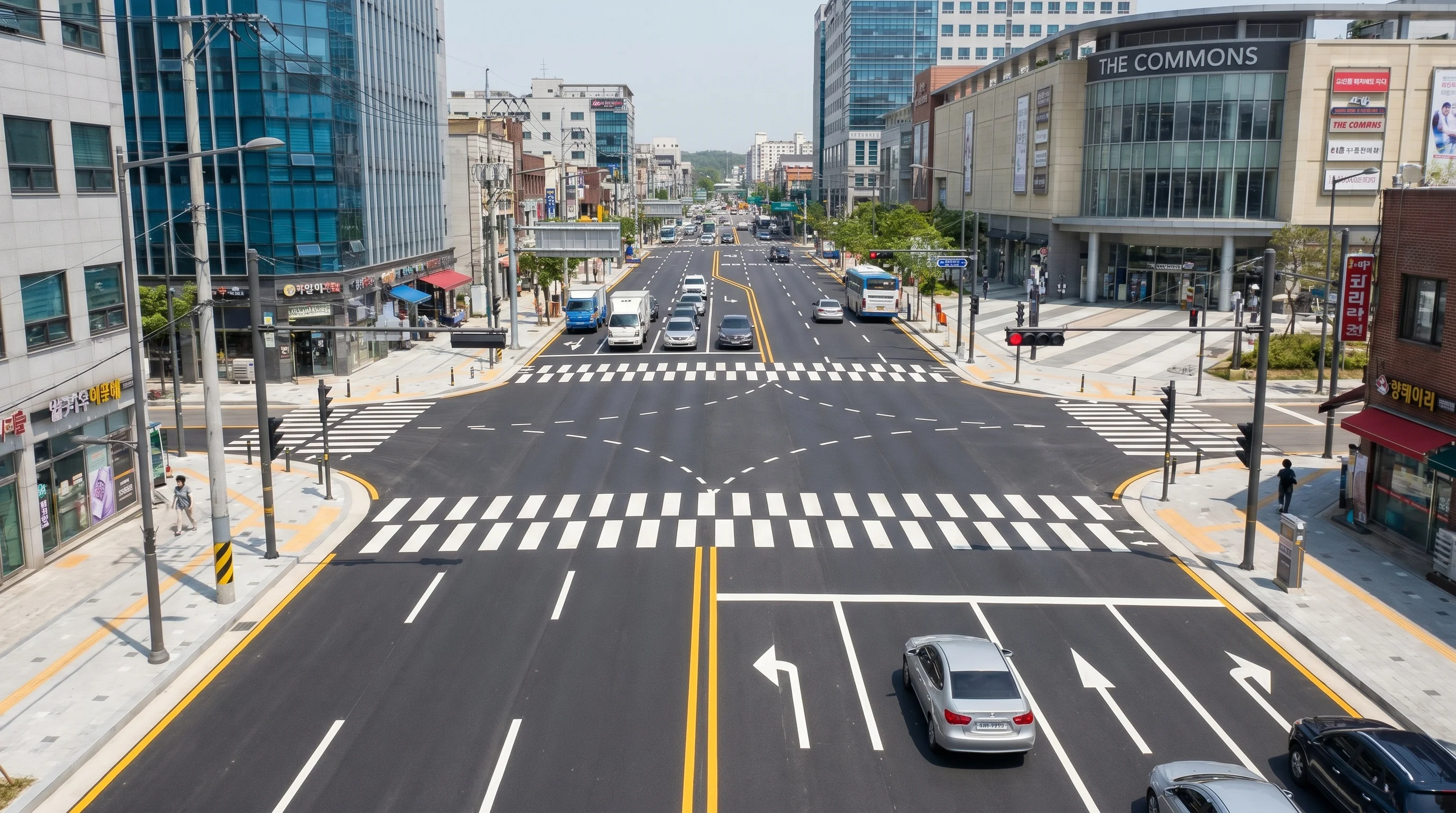 Wide asphalt road with fresh white lane markings stretching into the distance in a commercial area on a clear day