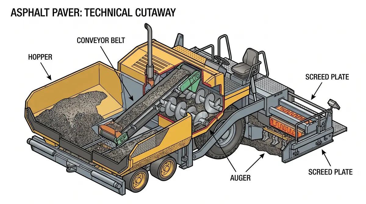 Cutaway illustration showing asphalt paver parts: hopper, conveyor, auger and screed