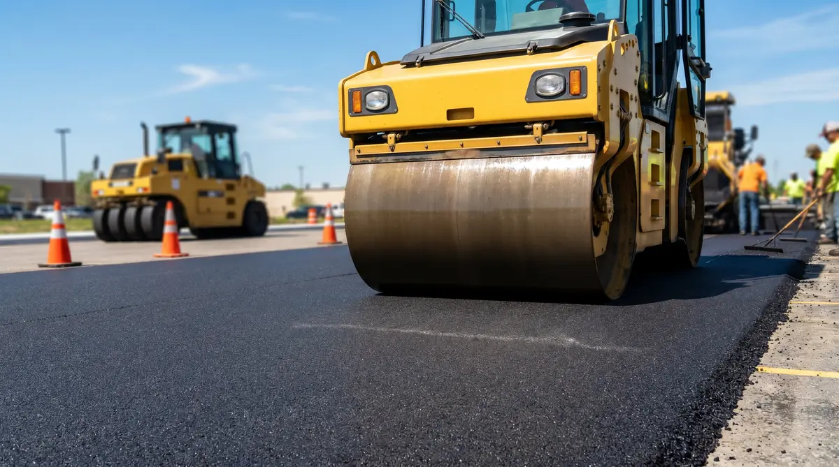 Steel drum vibratory roller compacting fresh black asphalt concrete on a parking lot surface in bright daylight, with second pneumatic tire roller visible in background and freshly paved smooth mat extending ahead