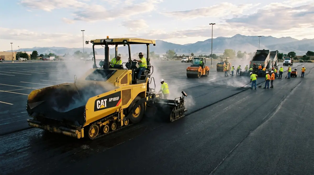 Commercial asphalt paver machine laying smooth black asphalt on a parking lot