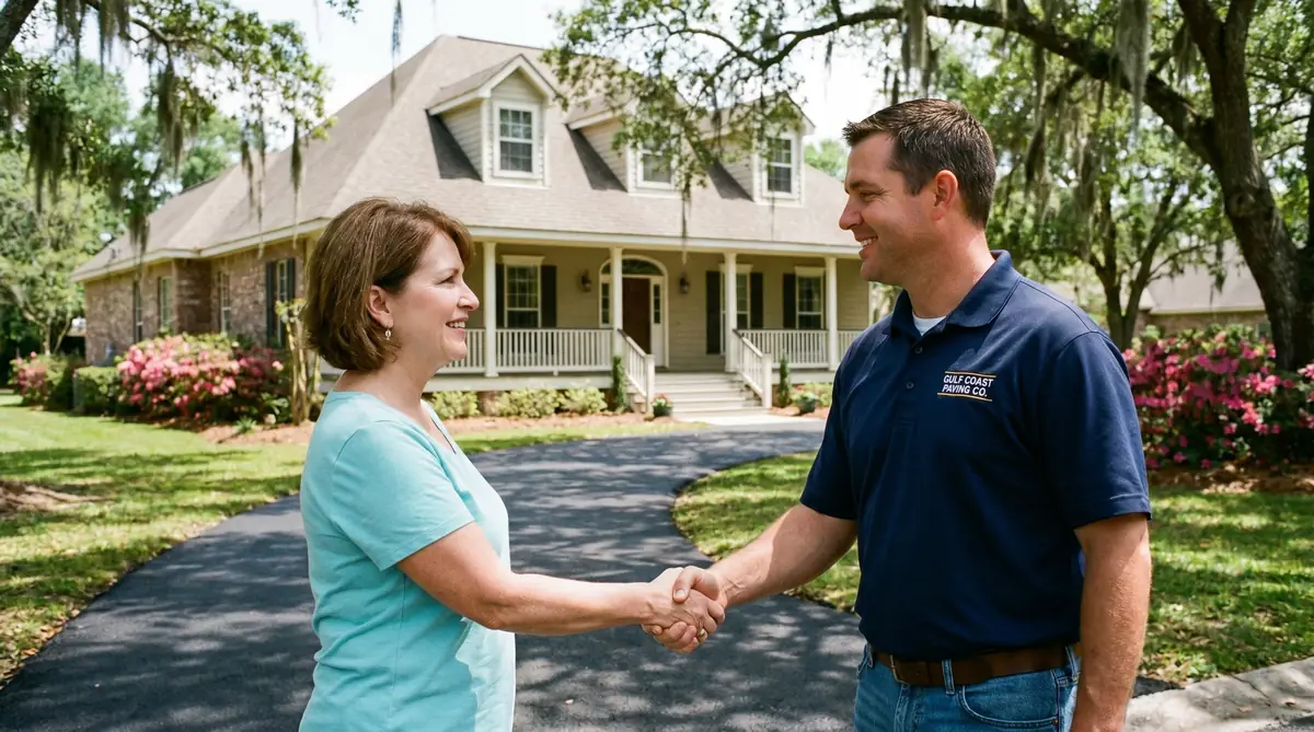 Homeowner and contractor shaking hands in front of newly paved Lafayette driveway
