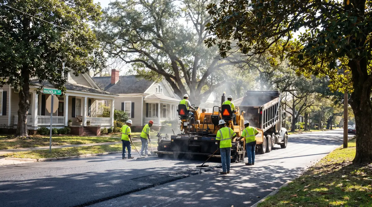 Asphalt paving crew working on a residential street in Louisiana