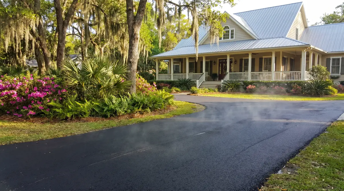 Freshly paved asphalt driveway at a Louisiana suburban home
