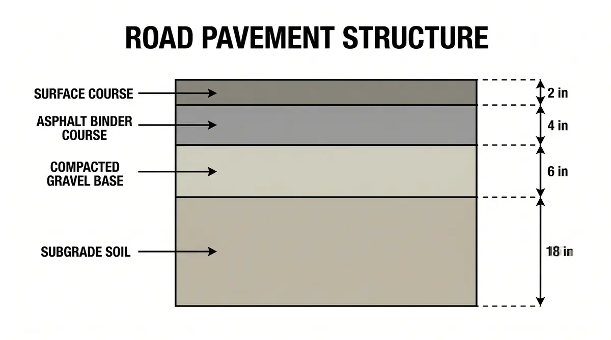 Cross-section diagram showing asphalt paving layers: subgrade, compacted gravel base, binder course, and surface course