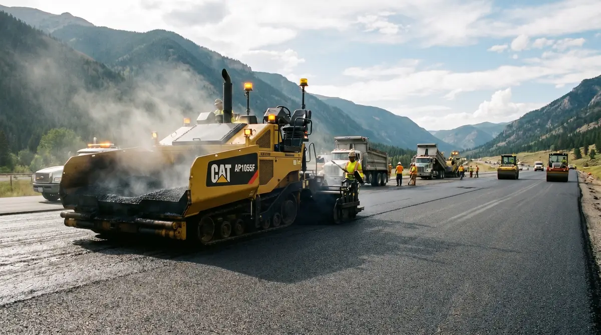 Large tracked asphalt paving machine laying fresh hot mix on a highway