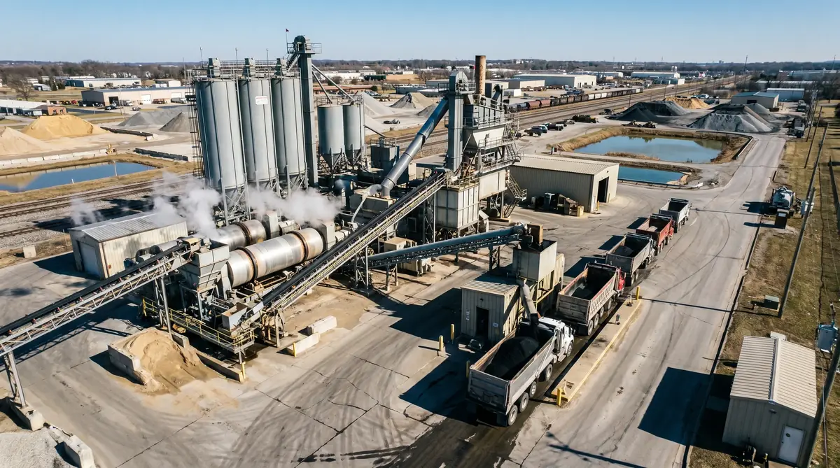 Aerial view of an asphalt plant with silos, mixing drums, and trucks loading hot mix asphalt
