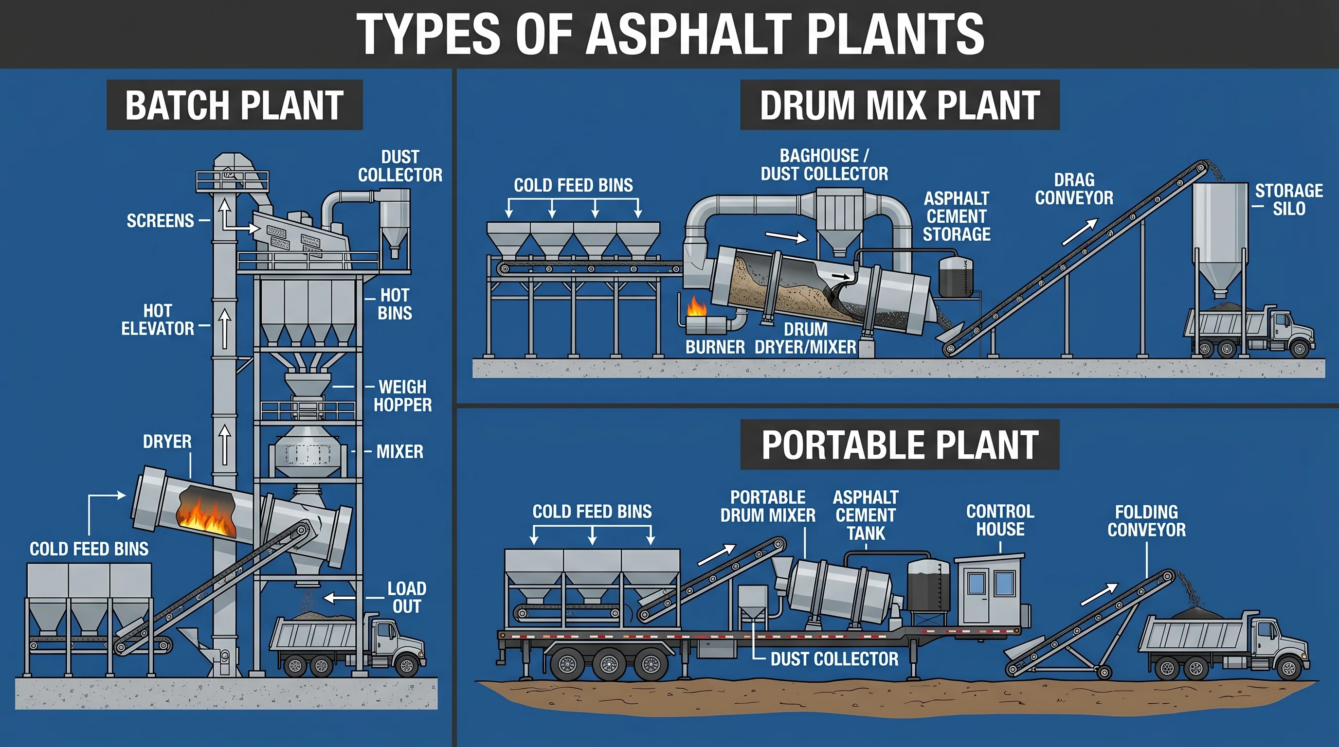 Three types of asphalt plants: batch plant, drum mix plant, and portable plant