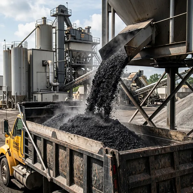 Asphalt price per ton — hot mix asphalt being loaded at a plant
