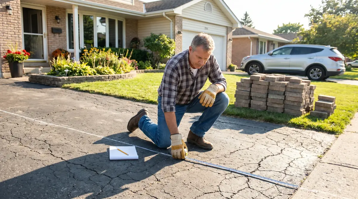 Homeowner planning asphalt paving project with measuring tape on driveway