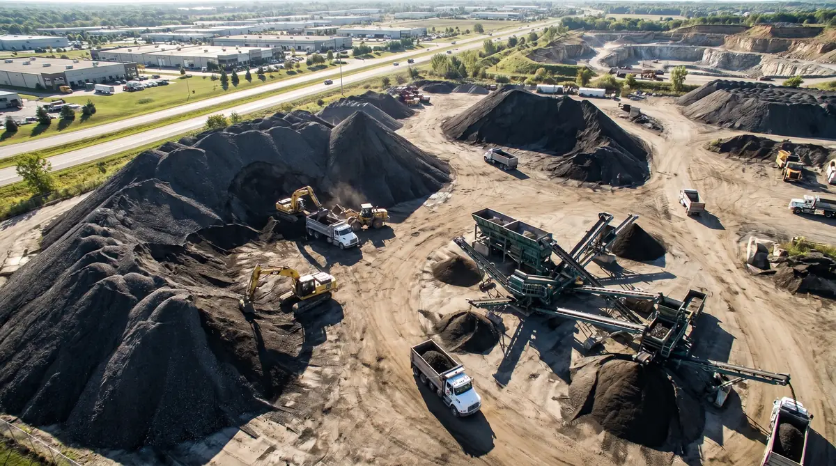 Asphalt recycling facility yard with piles of reclaimed asphalt pavement and heavy machinery