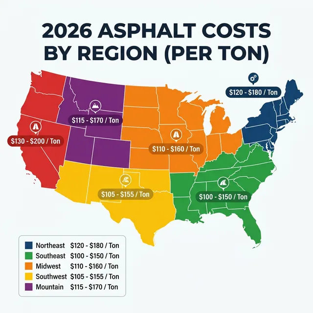 2026 asphalt cost per ton by US region map - Northeast $120-180, Southeast $100-150, Midwest $110-160, Southwest $105-155, West Coast $130-200, Mountain $115-170