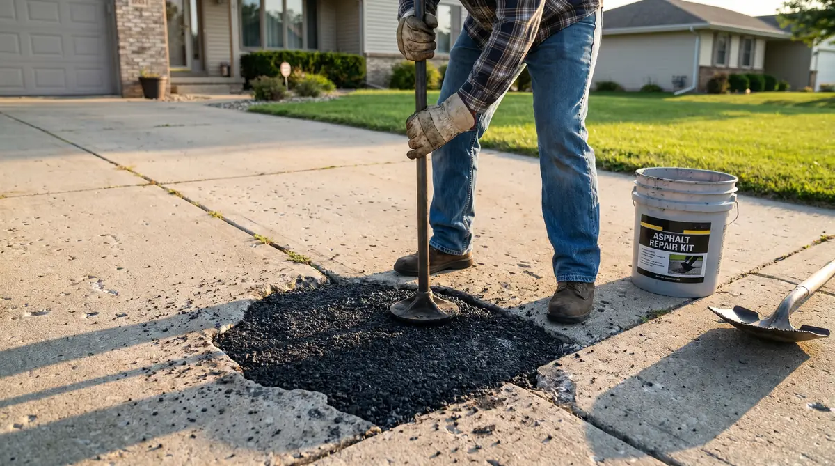 Homeowner tamping cold patch asphalt into a driveway pothole with a hand tamper