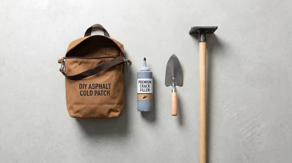 DIY asphalt repair kit products laid out including cold patch bag, crack filler and trowel