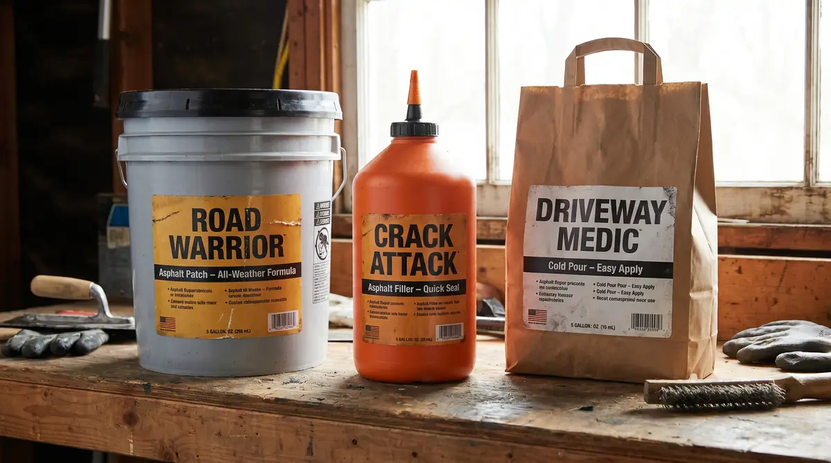Three asphalt repair kit products side by side — cold patch bucket, crack filler bottle, and repair bag