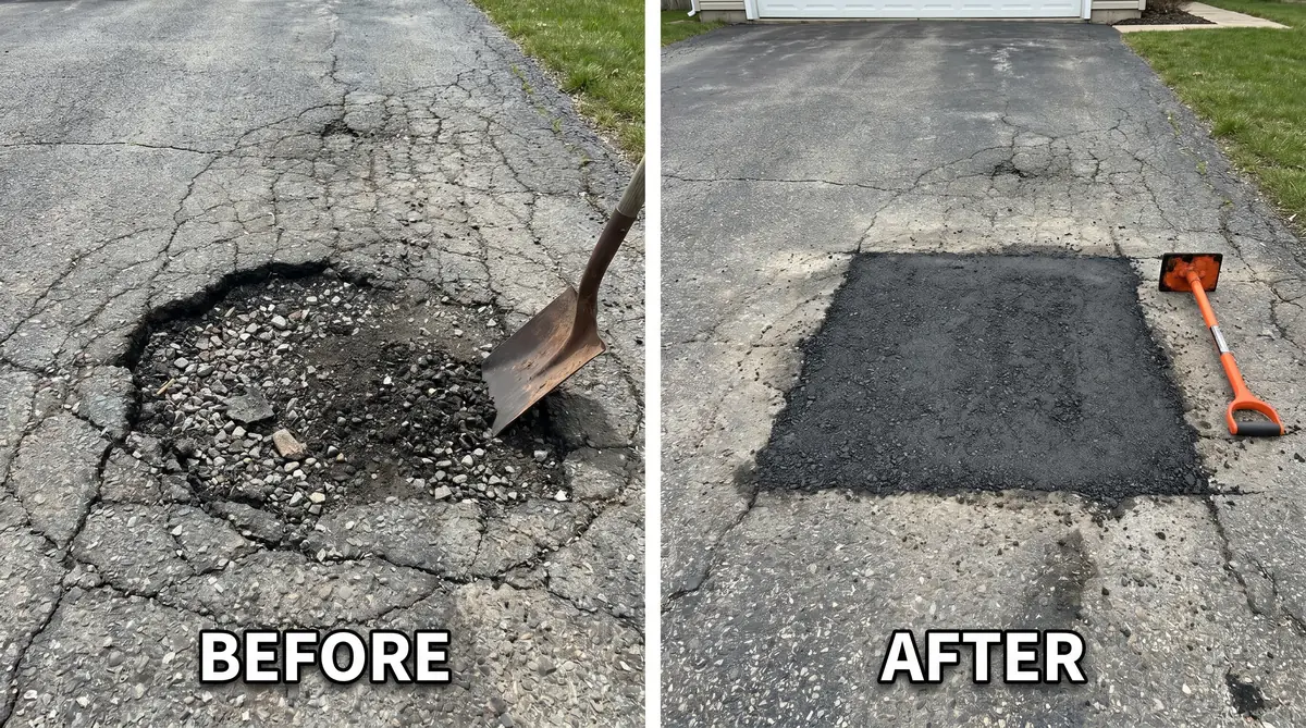 Before and after asphalt repair — cracked pothole on left, filled and leveled cold patch repair on right