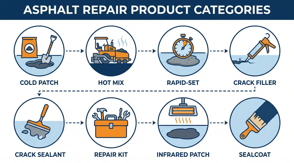 Infographic diagram showing eight asphalt repair product categories arranged in a grid with icons for cold patch, hot mix asphalt, rapid-set polymer patch, liquid crack filler, rubberized crack sealant, bundled repair kit, infrared hot reheat patch, and surface sealcoat