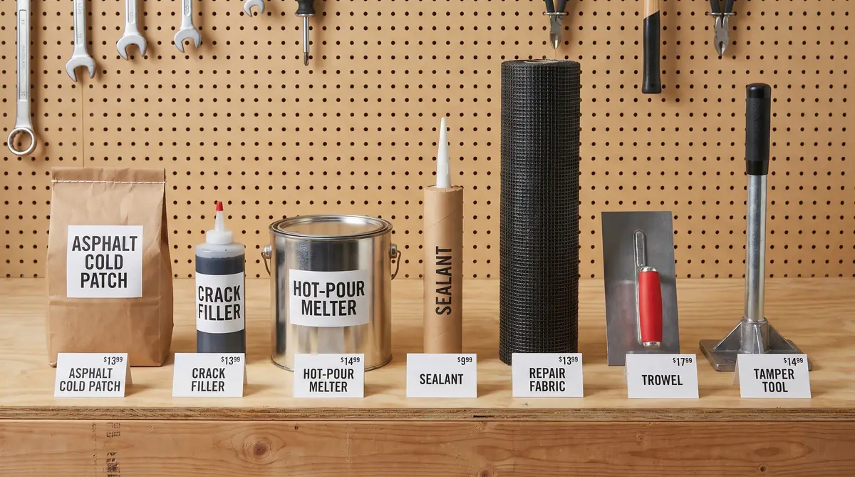 Lineup of asphalt repair products on a garage workbench including bagged cold patch, crack filler squeeze bottle, pail of hot-pour melter, caulk-tube sealant, roll of repair fabric, trowel, and hand tamper arranged in retail-catalog style