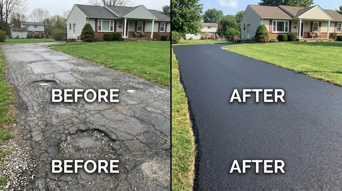 Asphalt driveway before and after professional repair and resurfacing