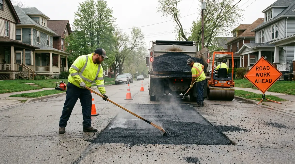 Professional asphalt patching crew filling a pothole