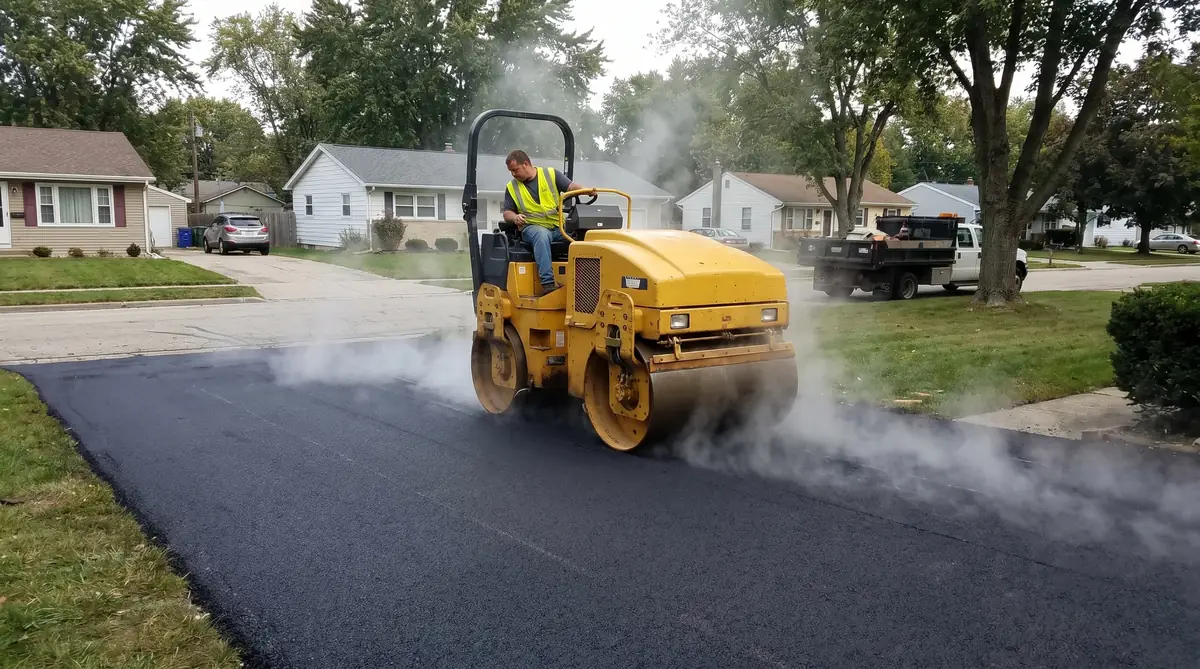 Asphalt compactor roller pressing down fresh black asphalt on a residential driveway
