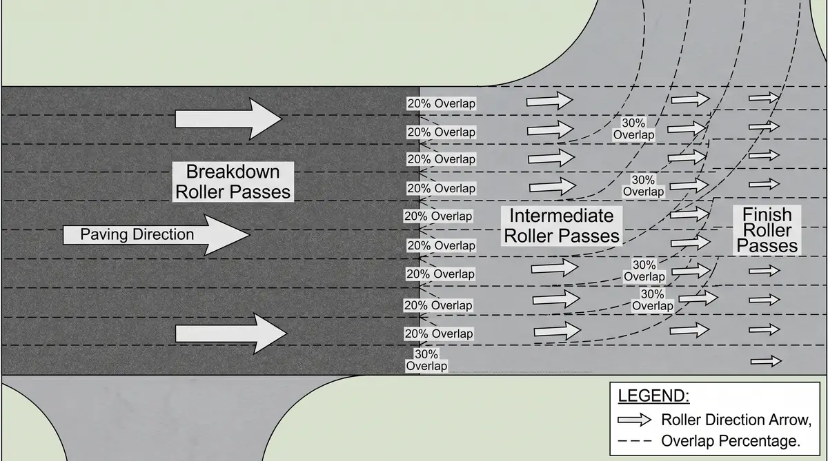 Aerial view diagram of asphalt rolling pattern showing breakdown roller passes running parallel to the paving direction with 6-inch overlap zones, intermediate pneumatic passes perpendicular, and diagonal finish passes, all labeled with arrow direction indicators