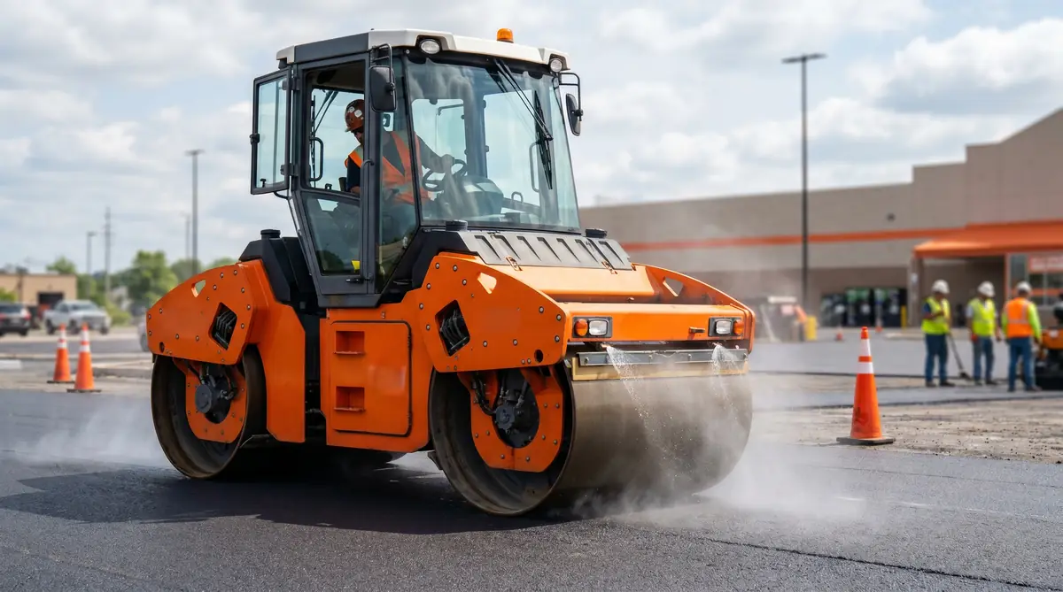 Bright orange ride-on tandem double-drum vibratory roller compacting fresh black asphalt on a commercial parking lot with water mist visible on the steel drums and orange traffic cones lining the work zone