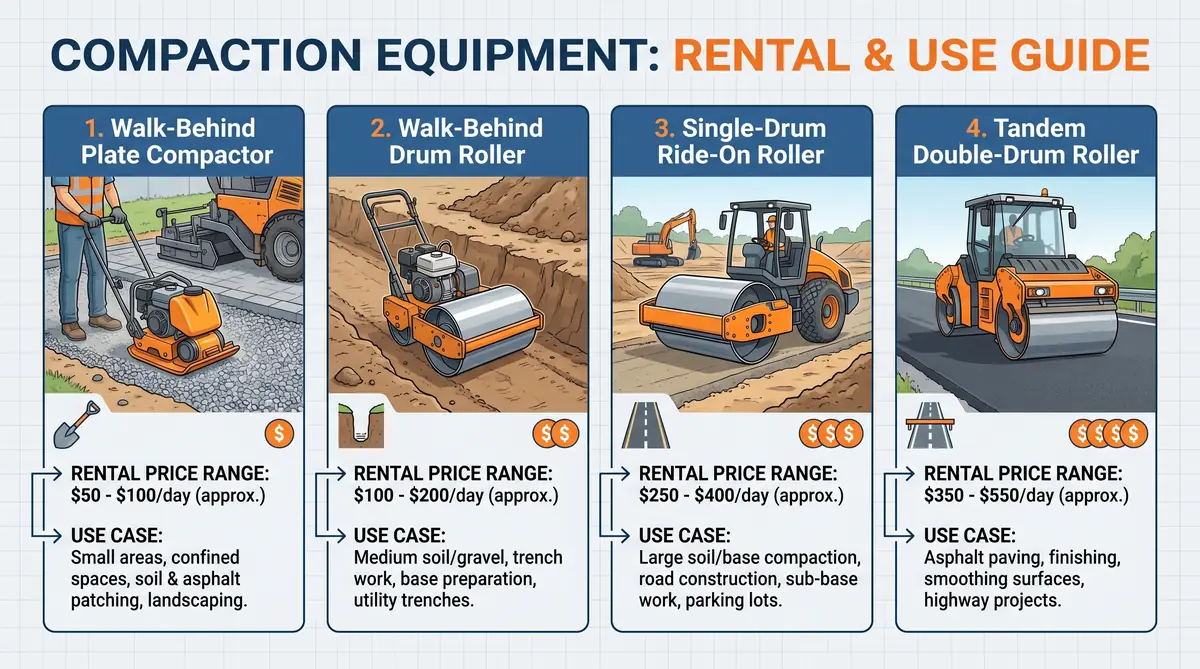 Four-panel comparison showing four asphalt compaction equipment types: walk-behind plate compactor, walk-behind vibratory drum roller, ride-on single-drum roller, and ride-on tandem double-drum roller — each labeled with rental price range and best use case