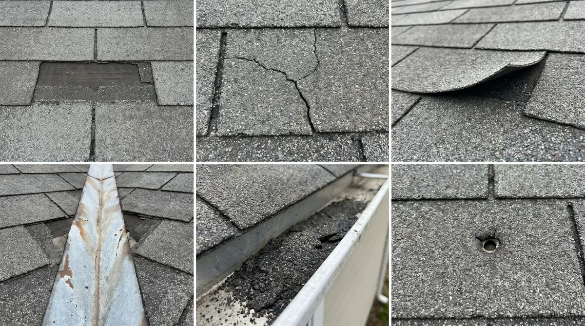 Six-panel grid showing common asphalt roof damage: missing shingle, cracked shingle, curled edge, exposed flashing, granule loss in gutter, and small puncture hole