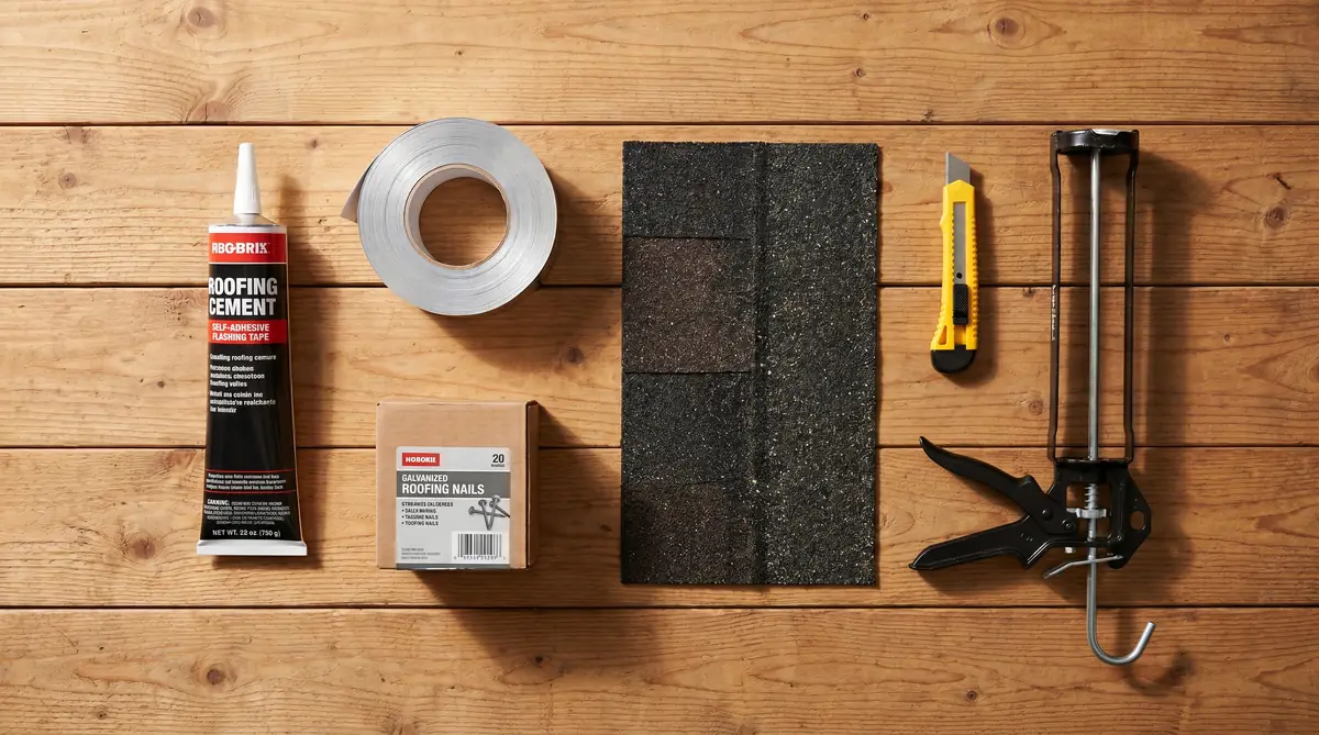 Flat lay of asphalt roof repair materials: roofing cement tube, flashing tape roll, roofing nails, replacement shingle, utility knife, and caulk gun on a wooden surface