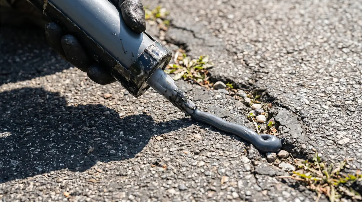 Close-up of gray polyurethane sealant being applied into a wide asphalt driveway crack with a caulk gun on a sunny day