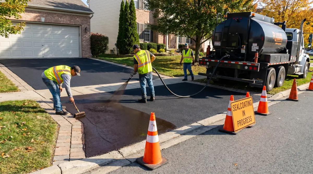 Professional sealcoating crew applying jet-black sealer to a residential driveway with a commercial spray rig, one worker edging by hand brush along the curb, orange cones at street end, crisp fresh sealer visible behind the crew