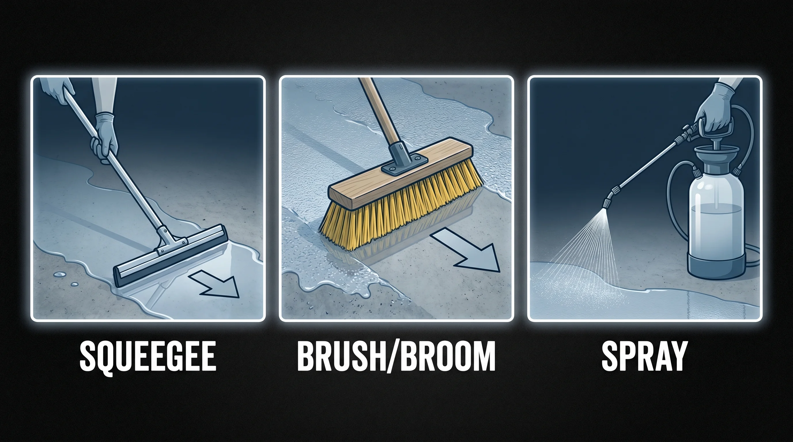 Three asphalt sealer application methods: squeegee, brush/broom, and spray