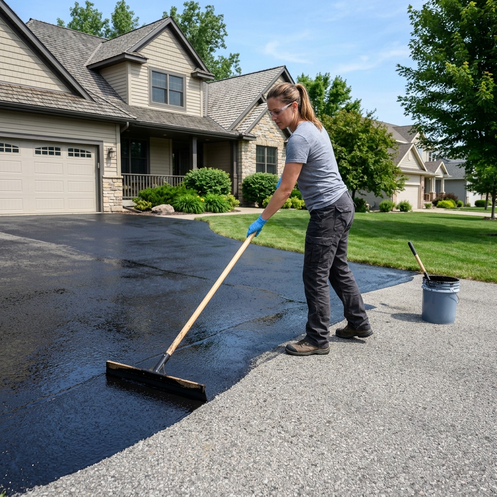 Applying asphalt sealer to residential driveway with a squeegee applicator